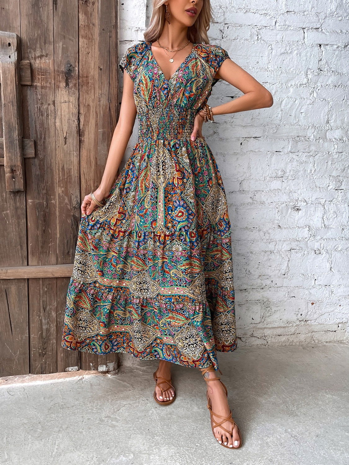 Smocked Printed Cap Sleeve Midi Dress himalipasal