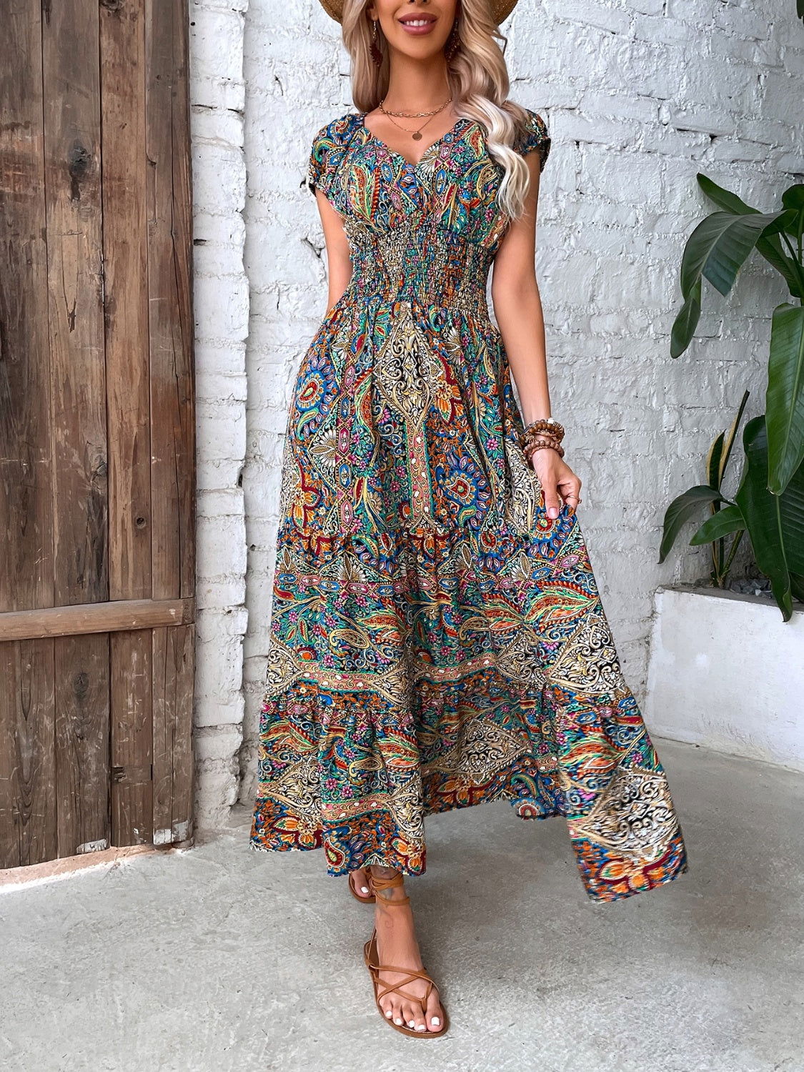 Smocked Printed Cap Sleeve Midi Dress himalipasal