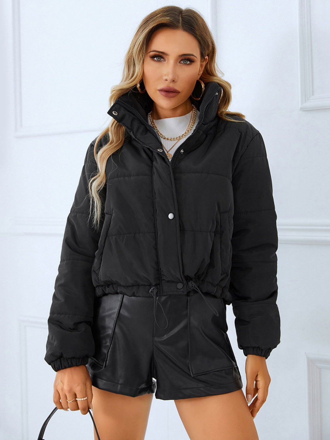 Snap and Zip Closure Drawstring Cropped Winter Coat himalipasal