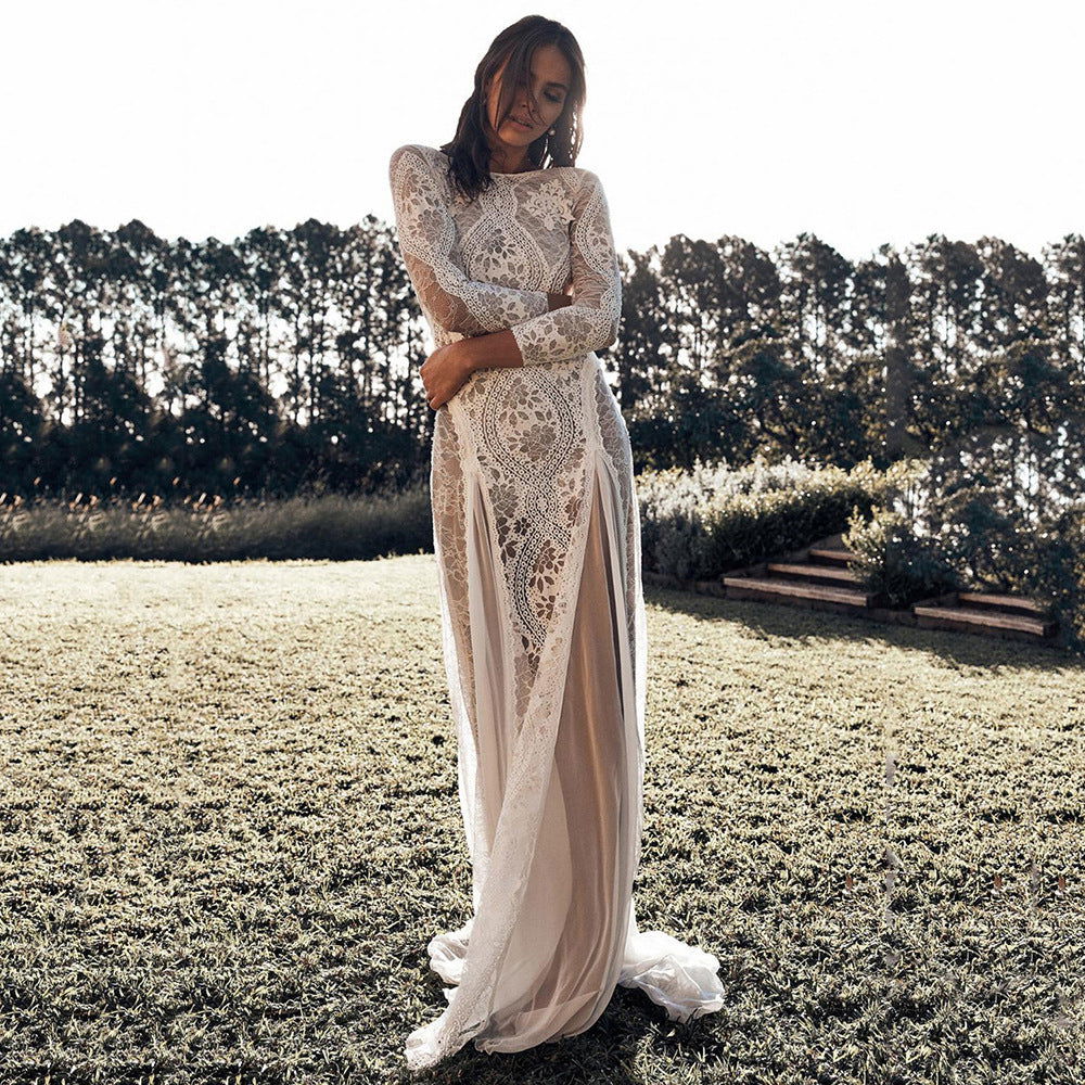 Spring Women Clothing Dress round Neck Long Sleeve Hollow Out Cutout Backless Lace Ladies Cocktail Wedding Dress himalipasal