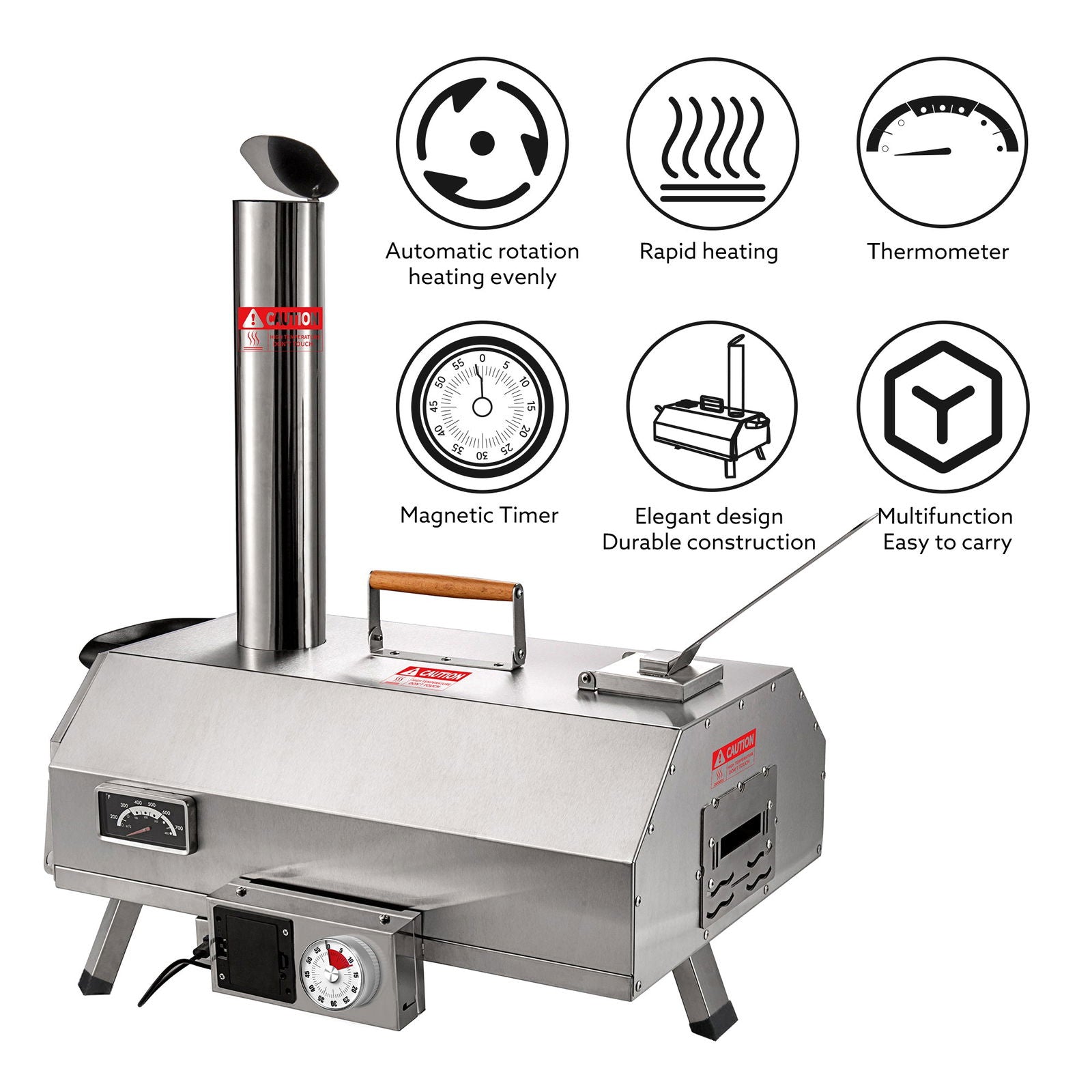 Stainless Steel Pizza Oven Outdoor 12" Automatic Rotatable Pizza Ovens,Portable Wood Fired Pizza Oven Pizza Maker with Timer, Built-in Thermometer,Pizza Cutter & Carry Bag himalipasal