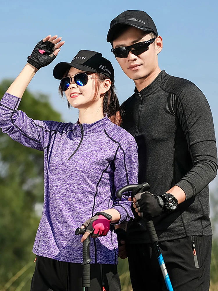 T-shirt Hiking Quick-drying Women Men Stand-up Collar Solid Color Mountaineering Shirt Breathable Long-sleeved Sports Clothing himalipasal