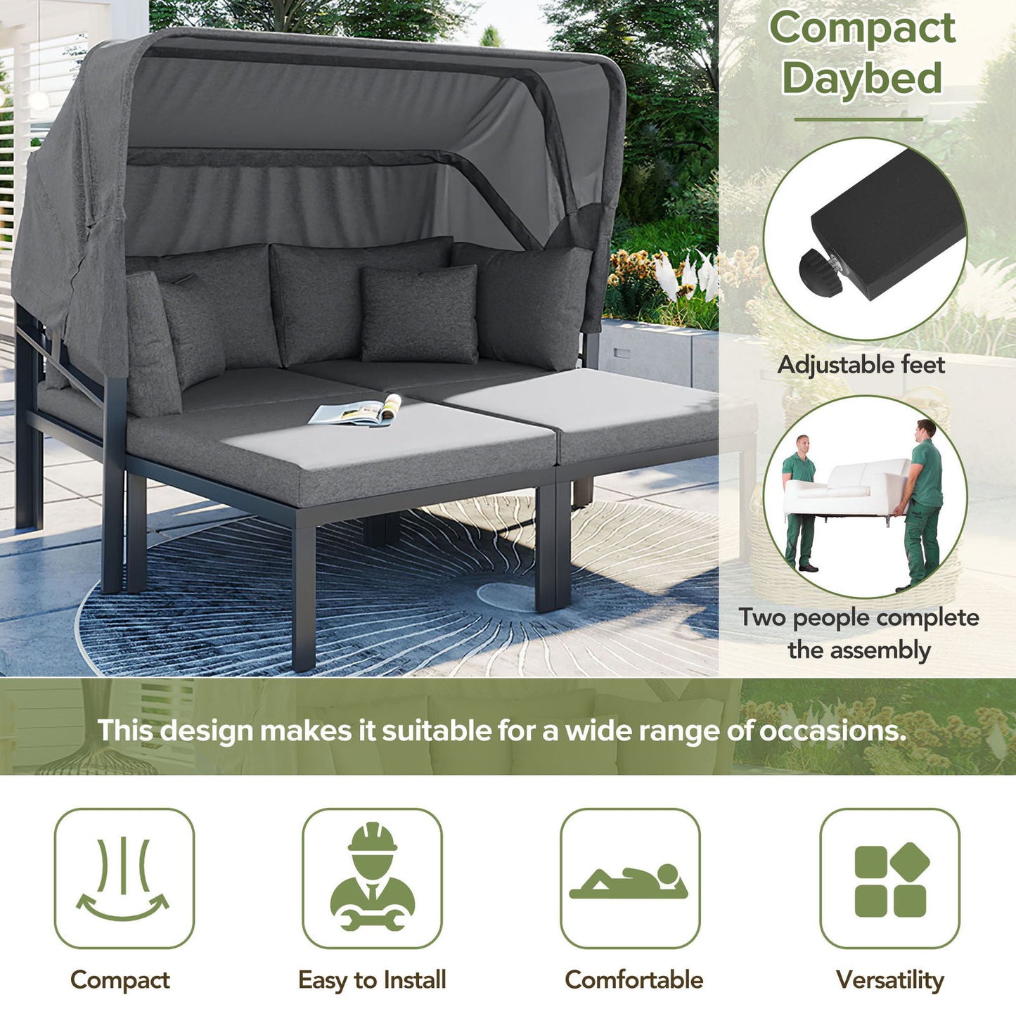 TOPMAX 3-Piece Patio Daybed with Retractable Canopy Outdoor Metal Sectional Sofa Set Sun Lounger with Cushions for Backyard, Porch, Poolside,Grey himalipasal