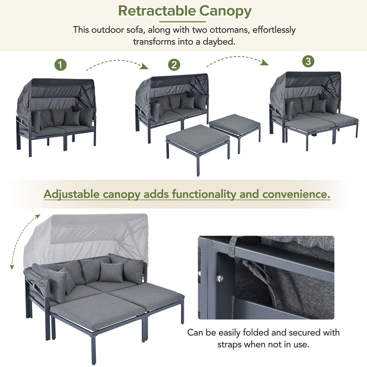 TOPMAX 3-Piece Patio Daybed with Retractable Canopy Outdoor Metal Sectional Sofa Set Sun Lounger with Cushions for Backyard, Porch, Poolside,Grey himalipasal