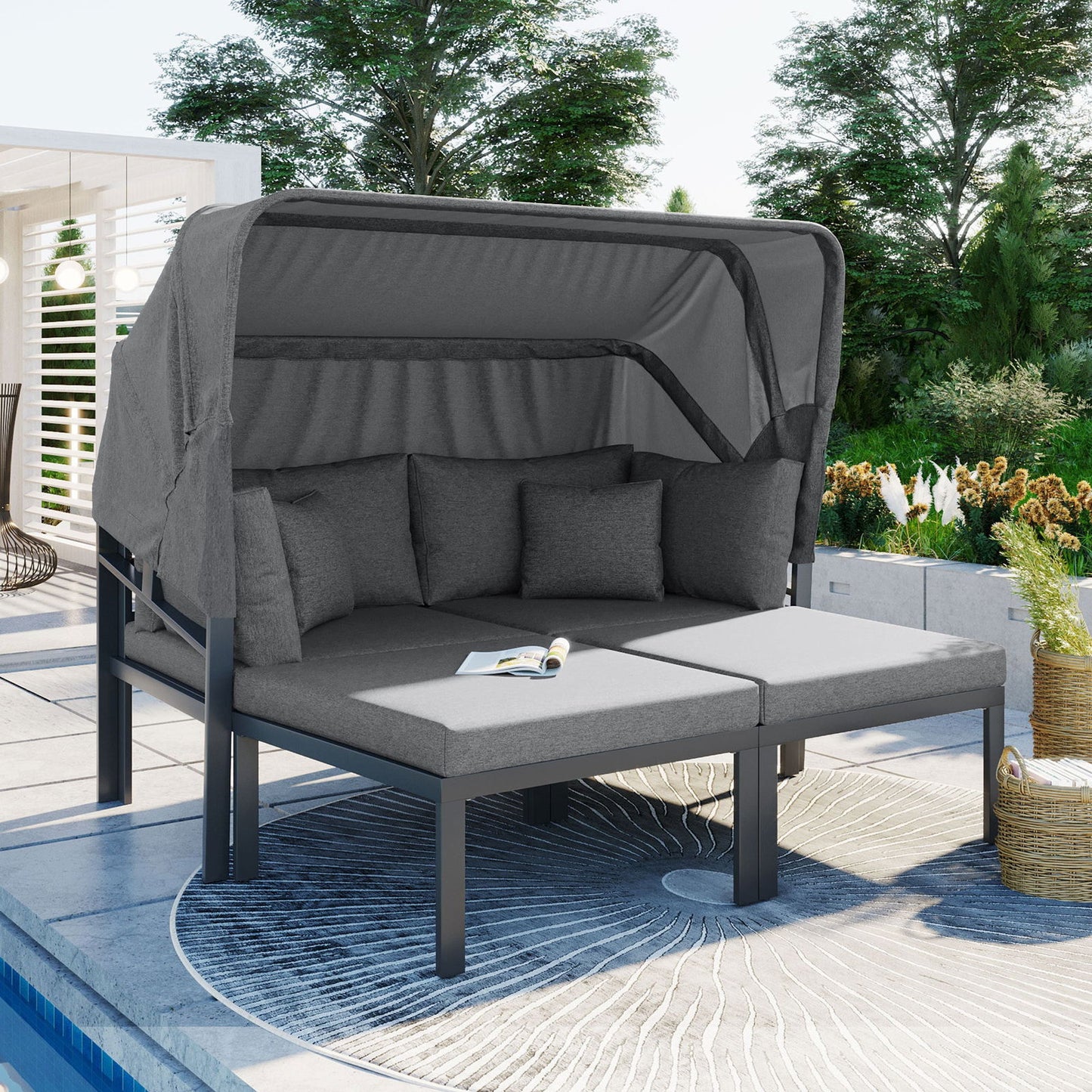 TOPMAX 3-Piece Patio Daybed with Retractable Canopy Outdoor Metal Sectional Sofa Set Sun Lounger with Cushions for Backyard, Porch, Poolside,Grey himalipasal