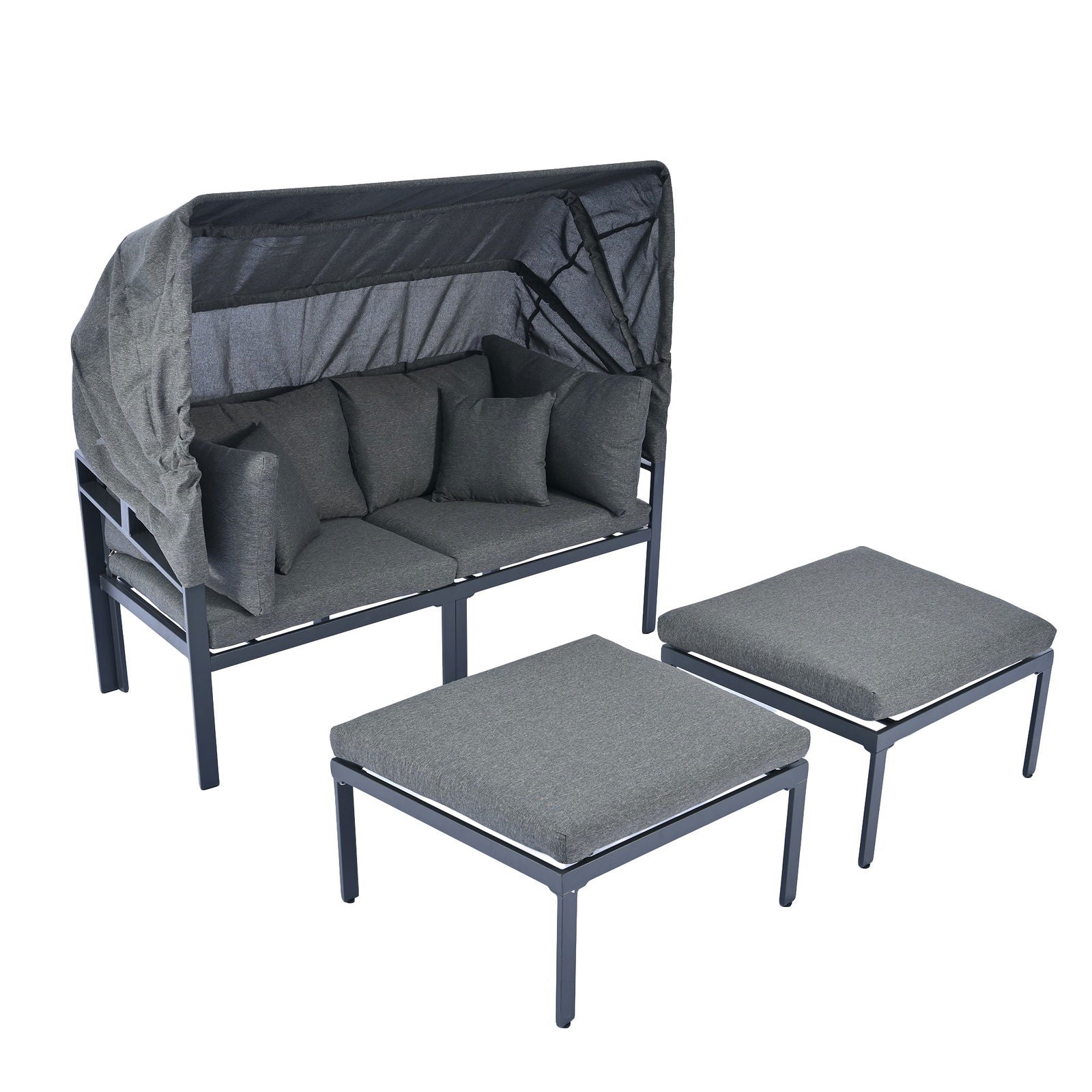 TOPMAX 3-Piece Patio Daybed with Retractable Canopy Outdoor Metal Sectional Sofa Set Sun Lounger with Cushions for Backyard, Porch, Poolside,Grey himalipasal