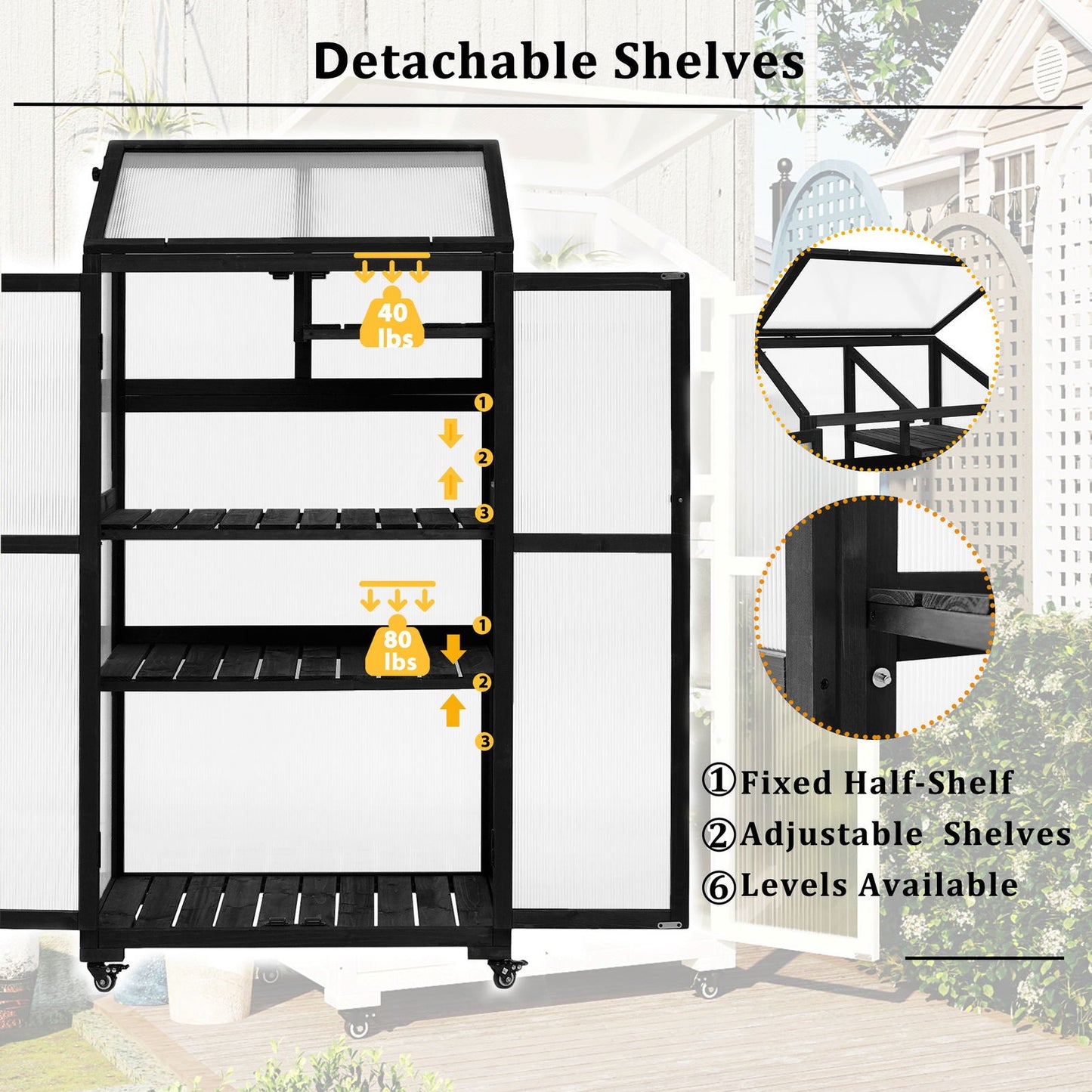 TOPMAX 62inch Height Wood Large Greenhouse Balcony Portable Cold Frame with Wheels and Adjustable Shelves for Outdoor Indoor Use, Black himalipasal