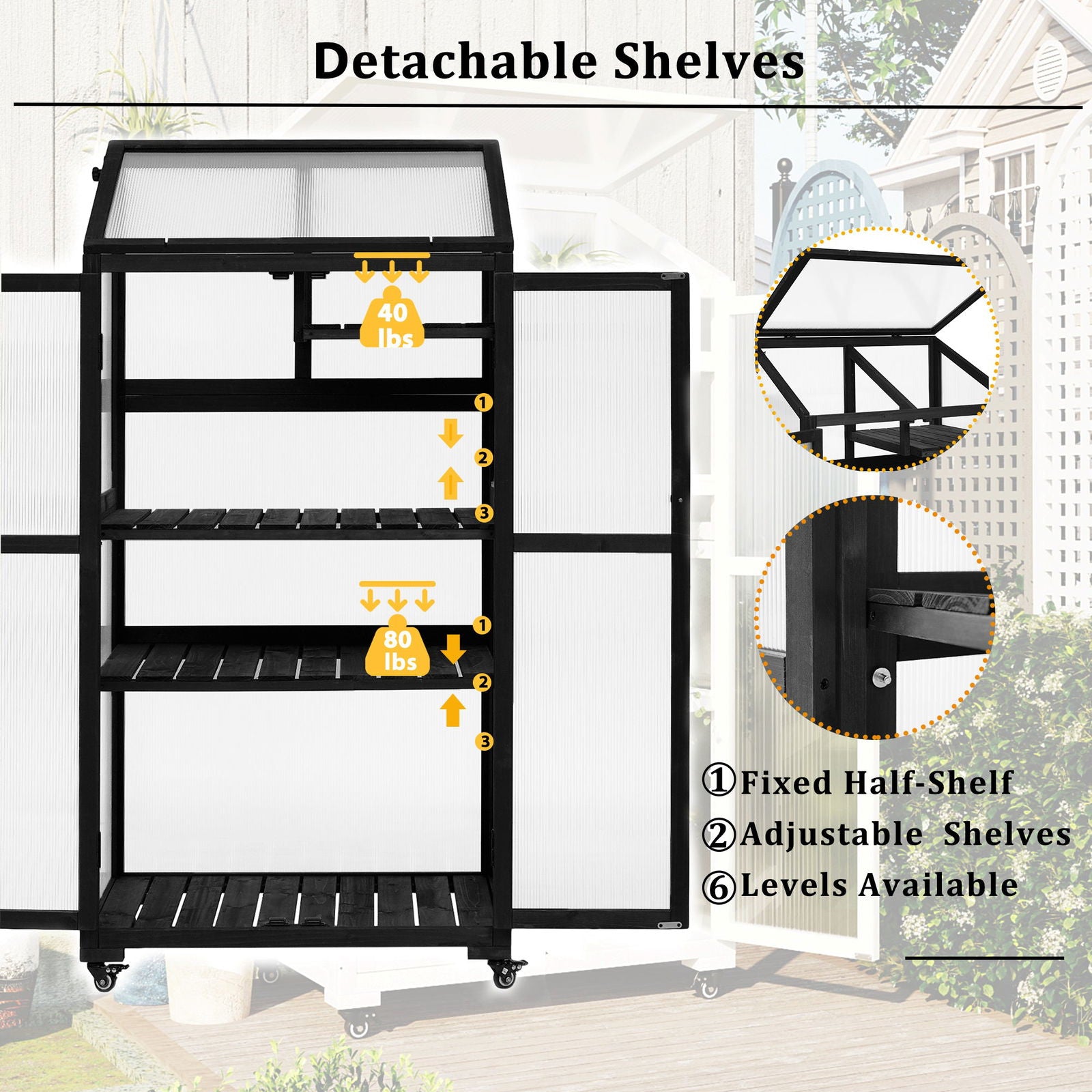 TOPMAX 62inch Height Wood Large Greenhouse Balcony Portable Cold Frame with Wheels and Adjustable Shelves for Outdoor Indoor Use, Black himalipasal