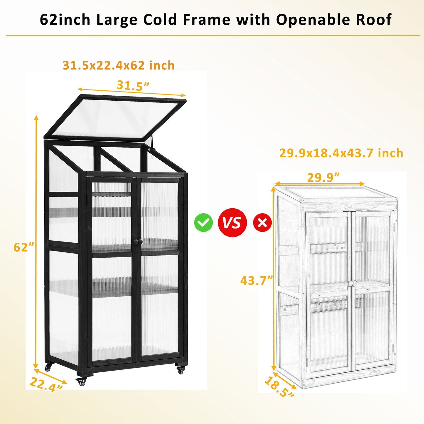 TOPMAX 62inch Height Wood Large Greenhouse Balcony Portable Cold Frame with Wheels and Adjustable Shelves for Outdoor Indoor Use, Black himalipasal