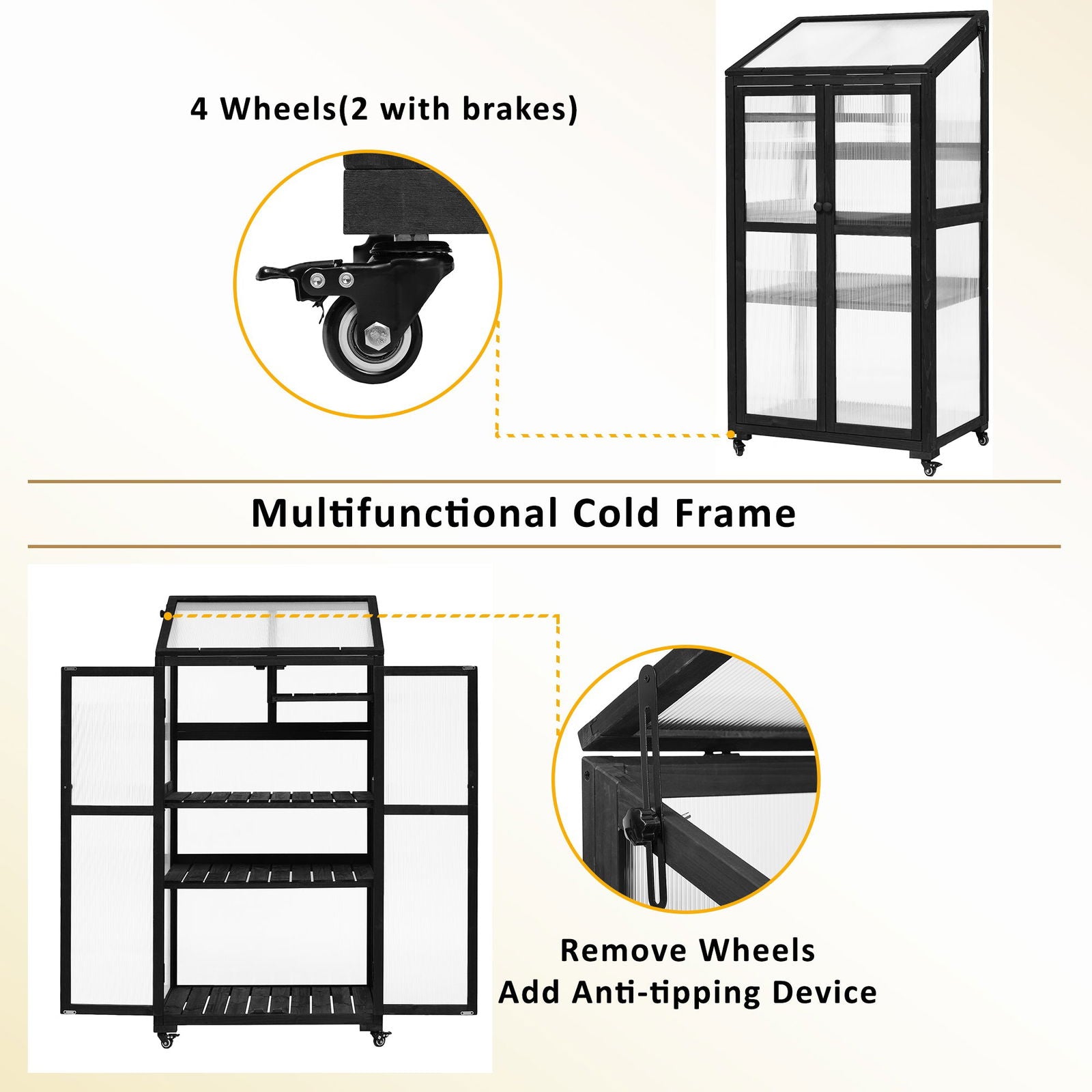 TOPMAX 62inch Height Wood Large Greenhouse Balcony Portable Cold Frame with Wheels and Adjustable Shelves for Outdoor Indoor Use, Black himalipasal