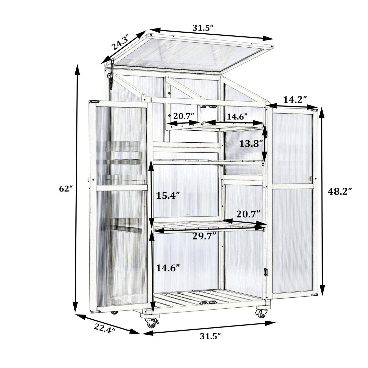 TOPMAX 62inch Height Wood Large Greenhouse Balcony Portable Cold Frame with Wheels and Adjustable Shelves for Outdoor Indoor Use, Black himalipasal