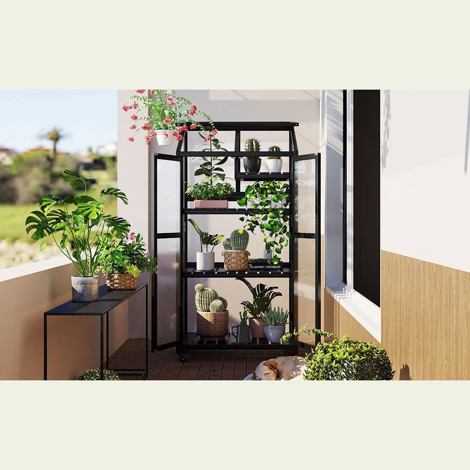 TOPMAX 62inch Height Wood Large Greenhouse Balcony Portable Cold Frame with Wheels and Adjustable Shelves for Outdoor Indoor Use, Black himalipasal