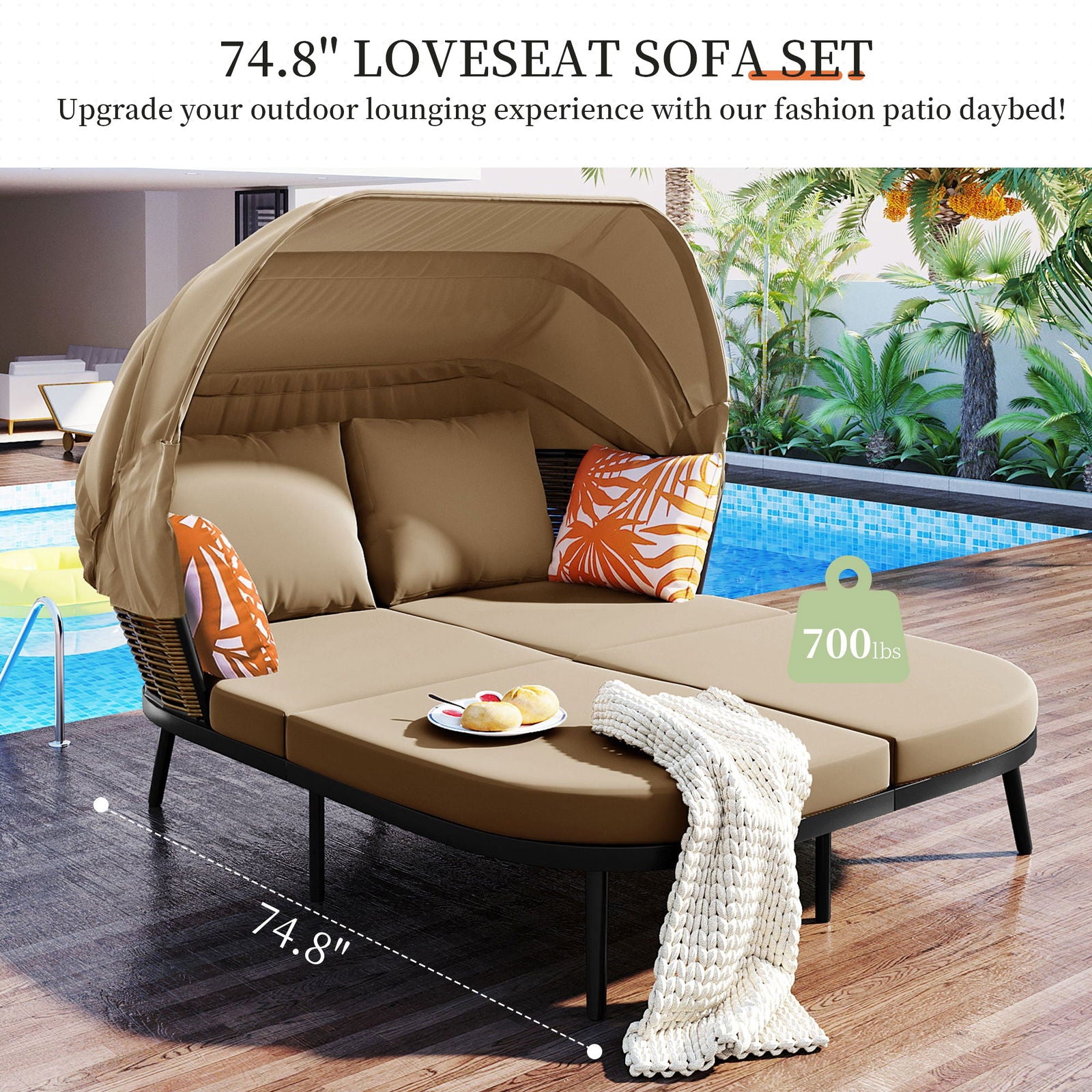 TOPMAX 74.8" L Patio Daybed with Retractable Canopy, Outdoor Rattan PE Wicker Back Loveseat Sofa Set with Throw Pillows and Cushions for Backyard, Poolside, Garden, Brown himalipasal