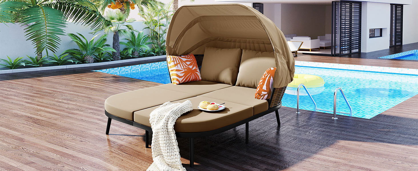 TOPMAX 74.8" L Patio Daybed with Retractable Canopy, Outdoor Rattan PE Wicker Back Loveseat Sofa Set with Throw Pillows and Cushions for Backyard, Poolside, Garden, Brown himalipasal