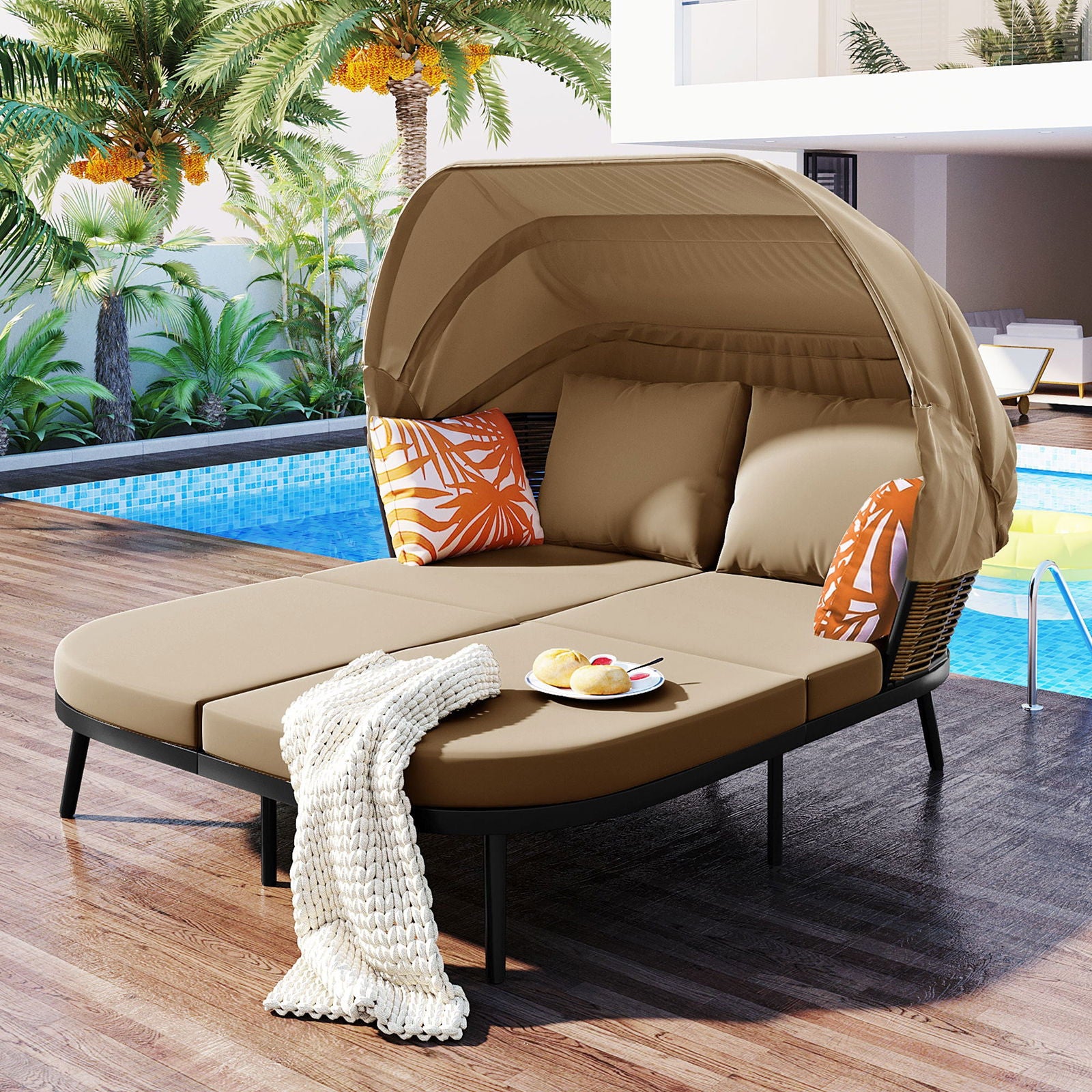 TOPMAX 74.8" L Patio Daybed with Retractable Canopy, Outdoor Rattan PE Wicker Back Loveseat Sofa Set with Throw Pillows and Cushions for Backyard, Poolside, Garden, Brown himalipasal