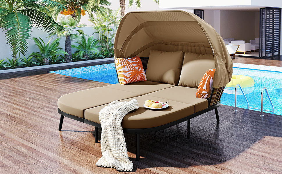 TOPMAX 74.8" L Patio Daybed with Retractable Canopy, Outdoor Rattan PE Wicker Back Loveseat Sofa Set with Throw Pillows and Cushions for Backyard, Poolside, Garden, Brown himalipasal