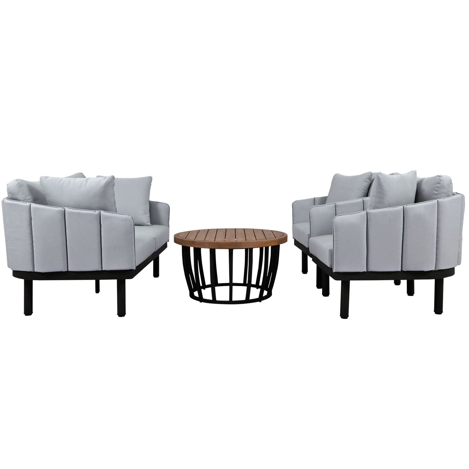 TOPMAX Luxury Modern 4-Piece Outdoor Iron Frame Conversation Set, Patio Chat Set with Acacia Wood Round Coffee Table for Backyard, Deck, Poolside, Indoor Use, Loveseat+Arm Chairs, Gray himalipasal