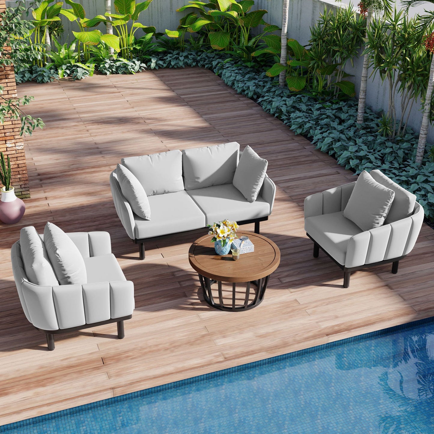 TOPMAX Luxury Modern 4-Piece Outdoor Iron Frame Conversation Set, Patio Chat Set with Acacia Wood Round Coffee Table for Backyard, Deck, Poolside, Indoor Use, Loveseat+Arm Chairs, Gray himalipasal