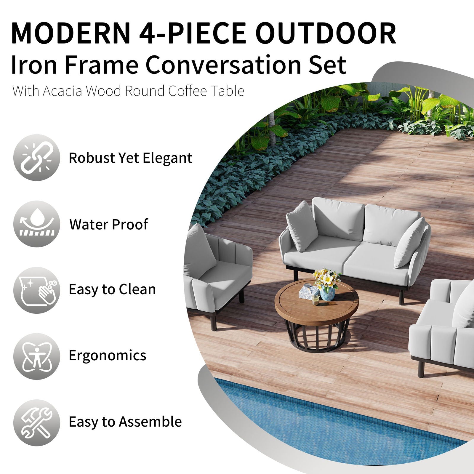 TOPMAX Luxury Modern 4-Piece Outdoor Iron Frame Conversation Set, Patio Chat Set with Acacia Wood Round Coffee Table for Backyard, Deck, Poolside, Indoor Use, Loveseat+Arm Chairs, Gray himalipasal