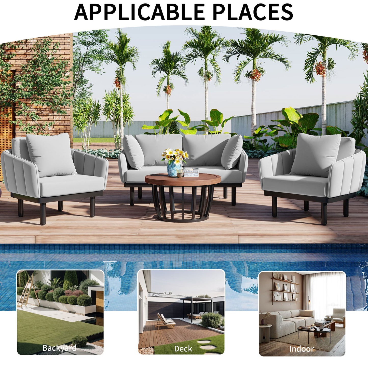 TOPMAX Luxury Modern 4-Piece Outdoor Iron Frame Conversation Set, Patio Chat Set with Acacia Wood Round Coffee Table for Backyard, Deck, Poolside, Indoor Use, Loveseat+Arm Chairs, Gray himalipasal