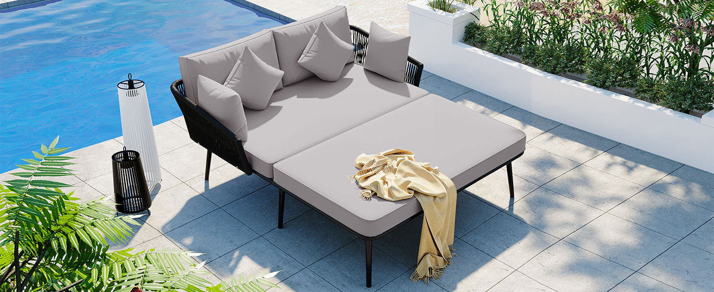 TOPMAX Outdoor Patio Daybed, Woven Nylon Rope Backrest with Washable Cushions for Balcony, Poolside, Set for 2 Person, Gray himalipasal