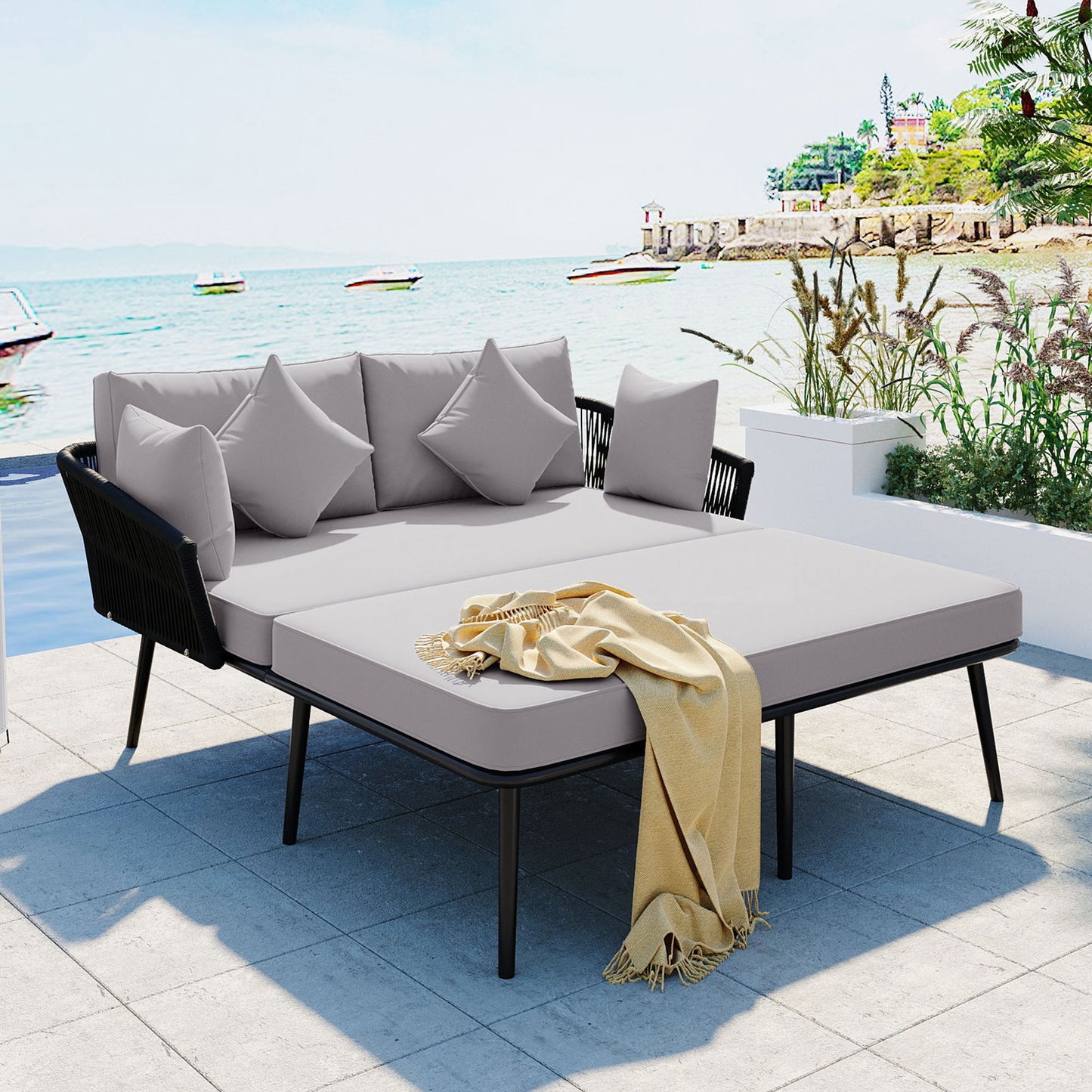 TOPMAX Outdoor Patio Daybed, Woven Nylon Rope Backrest with Washable Cushions for Balcony, Poolside, Set for 2 Person, Gray himalipasal