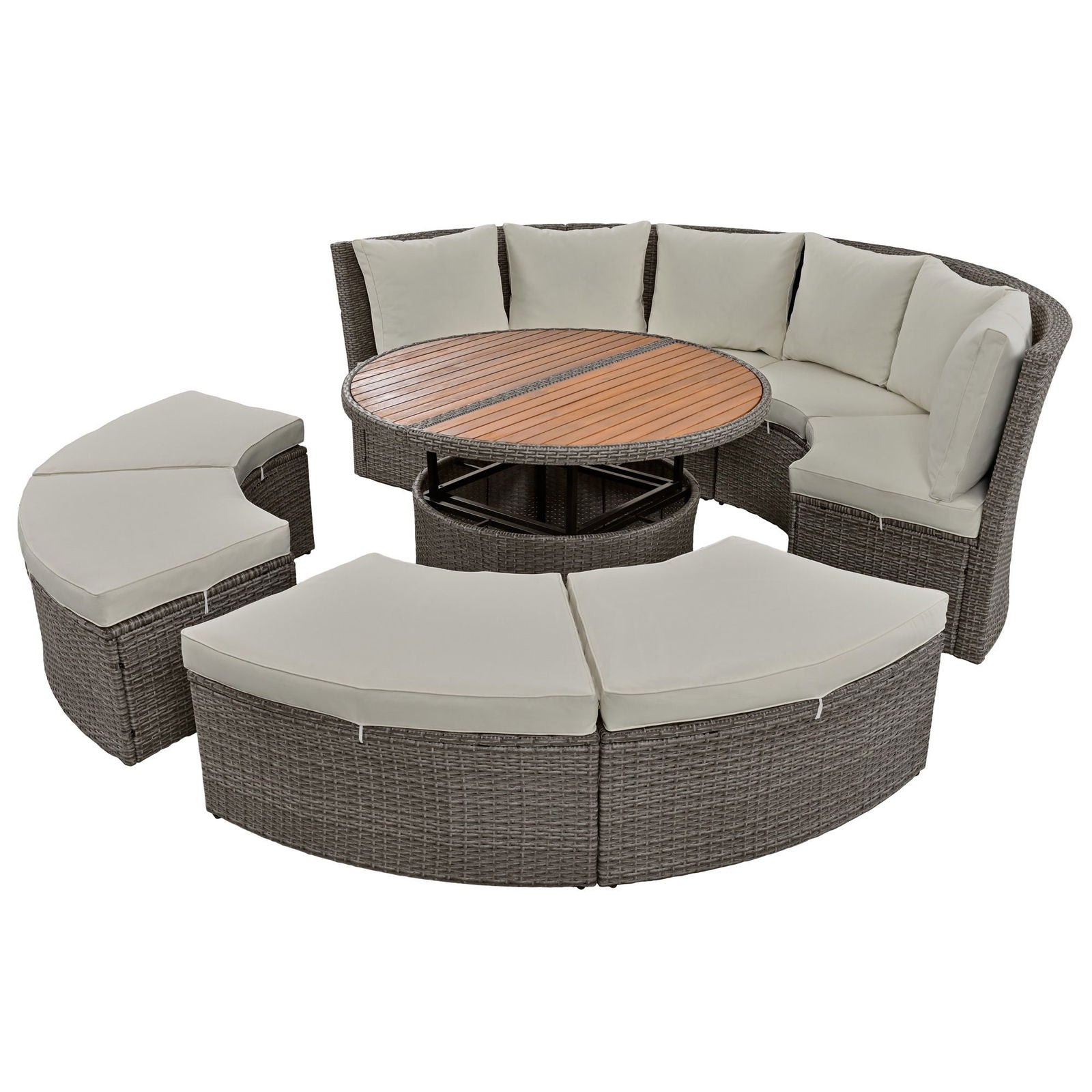 TOPMAX Patio 5-Piece Round Rattan Sectional Sofa Set All-Weather PE Wicker Sunbed Daybed with Round Liftable Table and Washable Cushions for Outdoor Backyard Poolside, Gray himalipasal