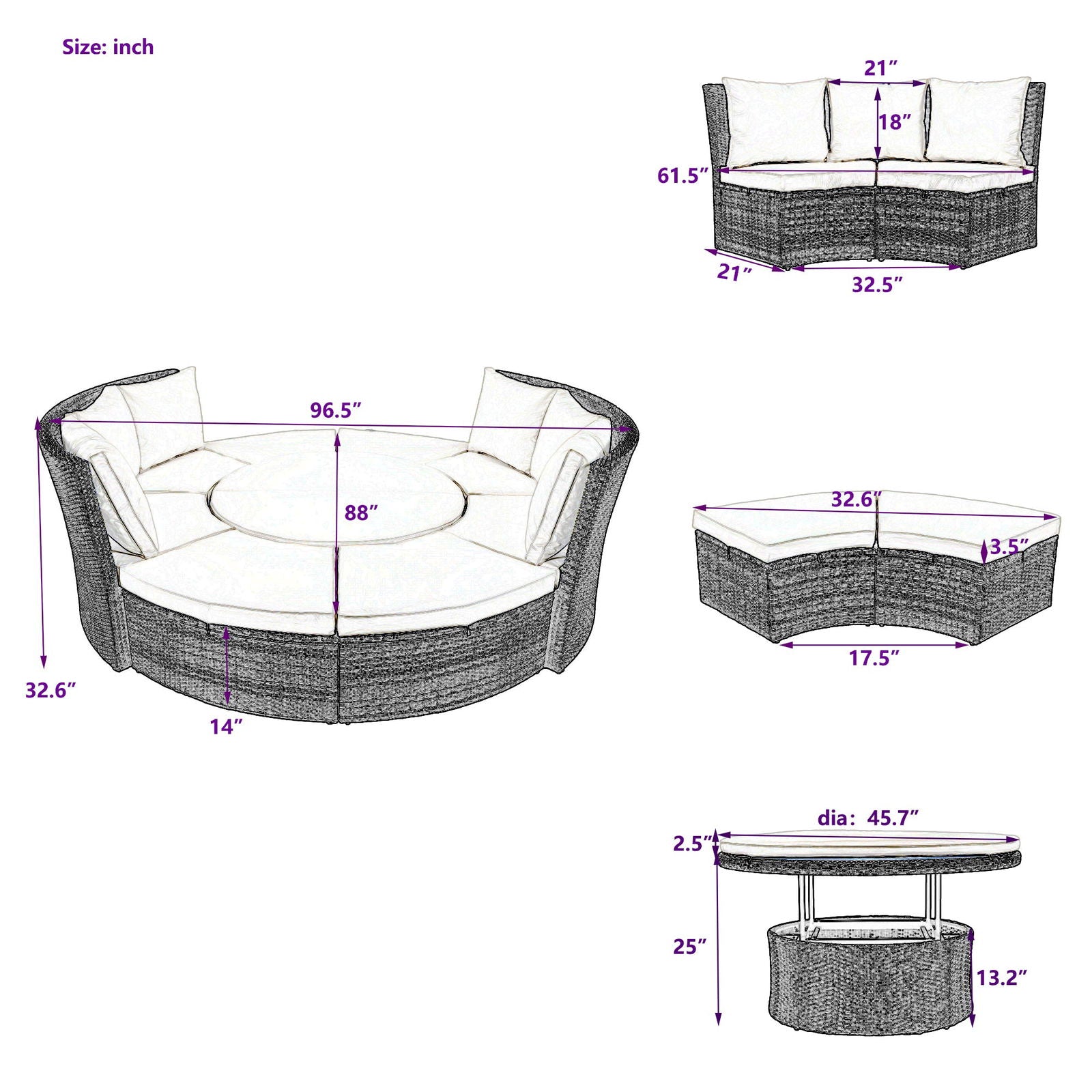 TOPMAX Patio 5-Piece Round Rattan Sectional Sofa Set All-Weather PE Wicker Sunbed Daybed with Round Liftable Table and Washable Cushions for Outdoor Backyard Poolside, Gray himalipasal