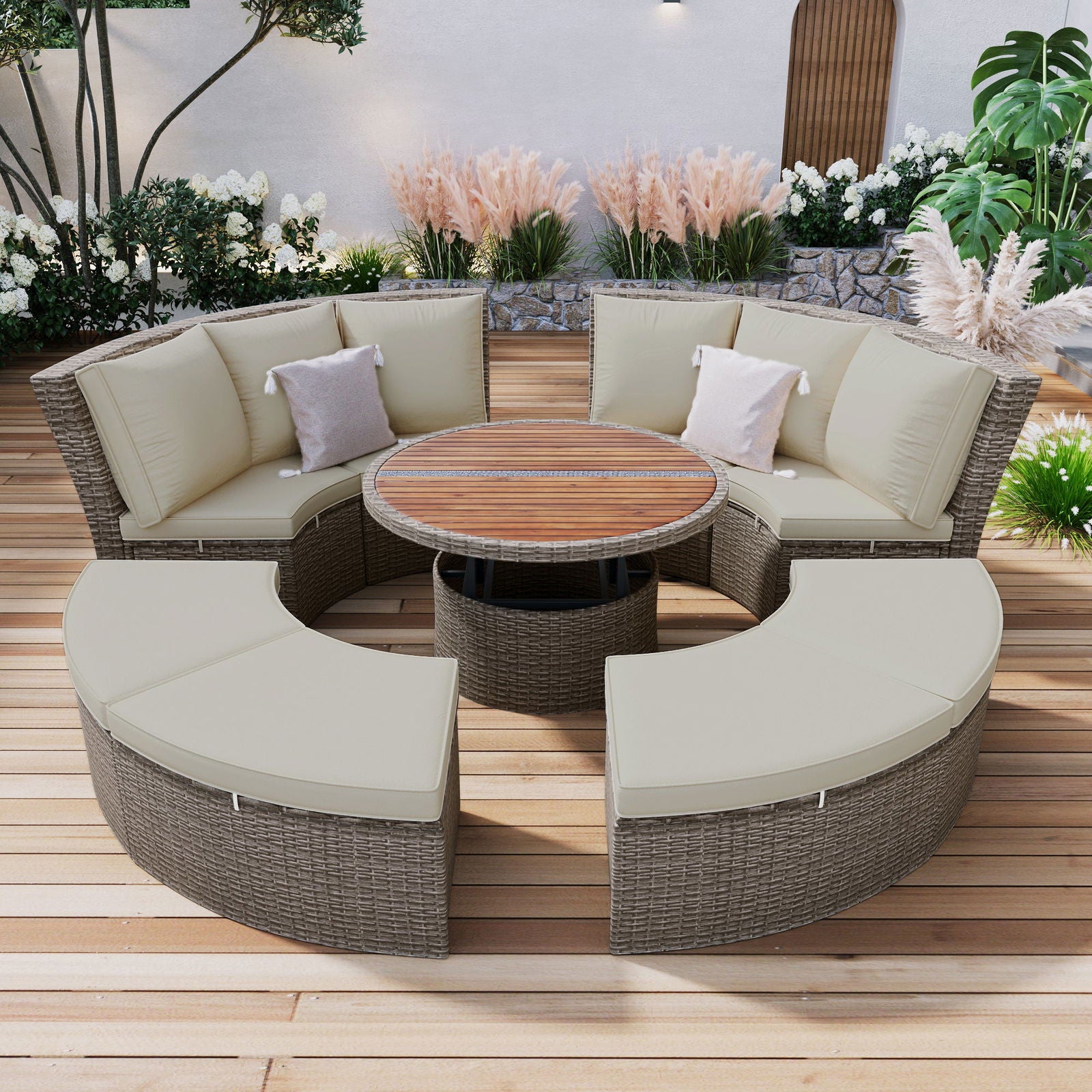 TOPMAX Patio 5-Piece Round Rattan Sectional Sofa Set All-Weather PE Wicker Sunbed Daybed with Round Liftable Table and Washable Cushions for Outdoor Backyard Poolside, Gray himalipasal