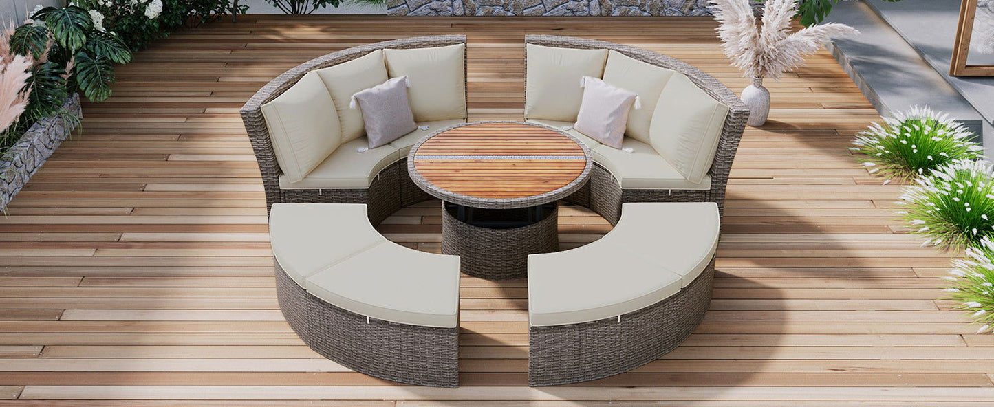 TOPMAX Patio 5-Piece Round Rattan Sectional Sofa Set All-Weather PE Wicker Sunbed Daybed with Round Liftable Table and Washable Cushions for Outdoor Backyard Poolside, Gray himalipasal