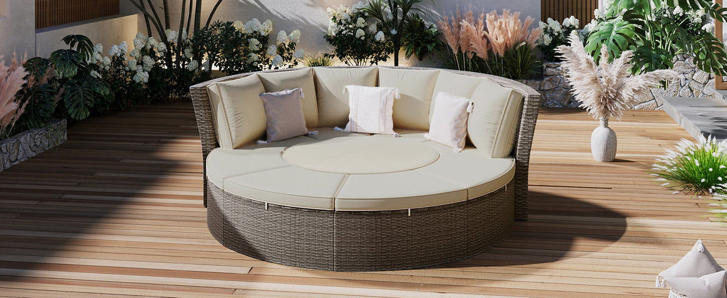 TOPMAX Patio 5-Piece Round Rattan Sectional Sofa Set All-Weather PE Wicker Sunbed Daybed with Round Liftable Table and Washable Cushions for Outdoor Backyard Poolside, Gray himalipasal