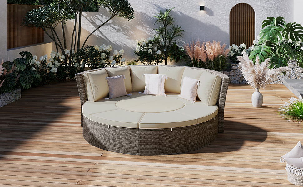 TOPMAX Patio 5-Piece Round Rattan Sectional Sofa Set All-Weather PE Wicker Sunbed Daybed with Round Liftable Table and Washable Cushions for Outdoor Backyard Poolside, Gray himalipasal