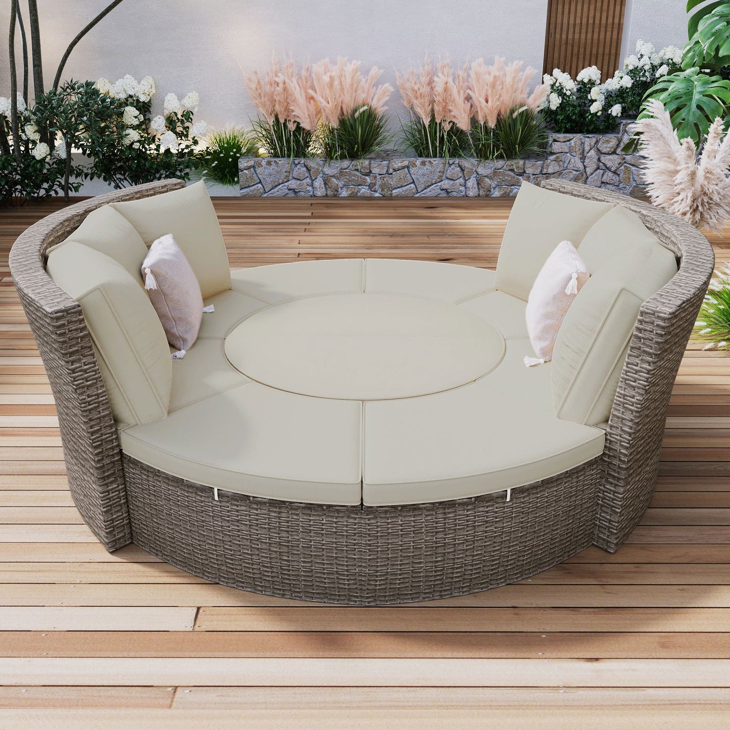 TOPMAX Patio 5-Piece Round Rattan Sectional Sofa Set All-Weather PE Wicker Sunbed Daybed with Round Liftable Table and Washable Cushions for Outdoor Backyard Poolside, Gray himalipasal