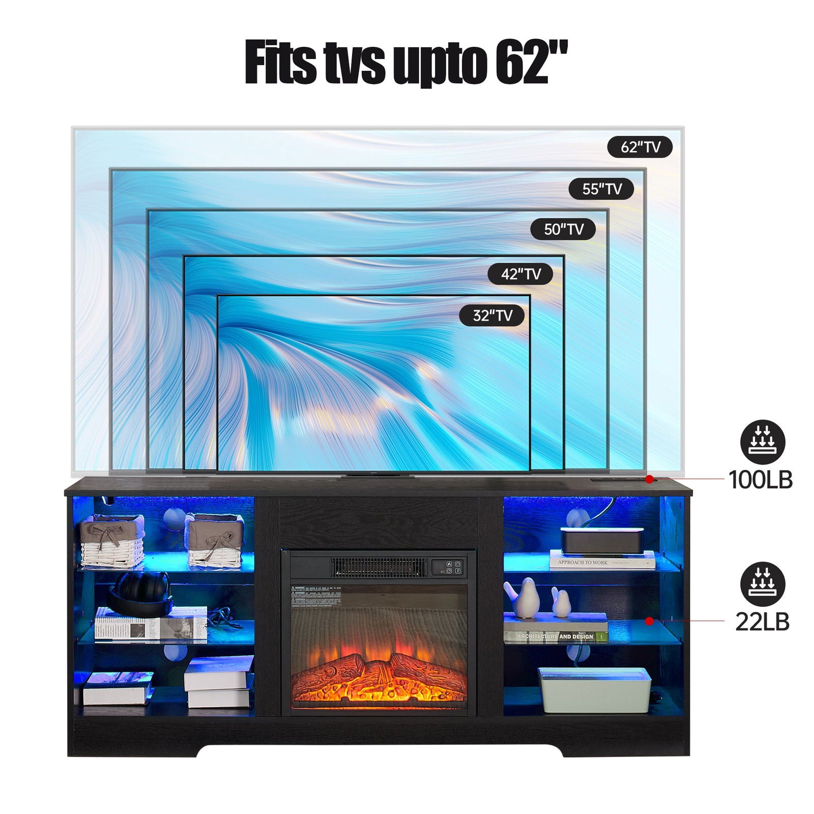 TV Stand Electric Fireplace TV Stand with Glass Shelves, 3D Fireplace TV Stand with LED Lights Wood with USB Charging Outlet Modern Television Table Center for TV up to 32-62" Black 58''W*15.5''D*24.4 himalipasal