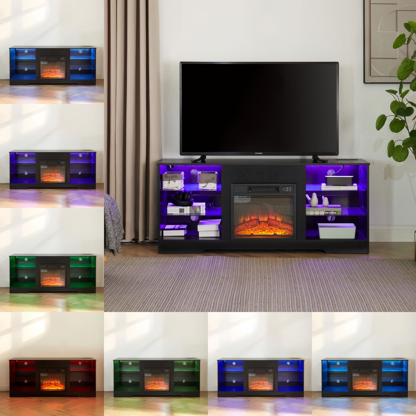 TV Stand Electric Fireplace TV Stand with Glass Shelves, 3D Fireplace TV Stand with LED Lights Wood with USB Charging Outlet Modern Television Table Center for TV up to 32-62" Black 58''W*15.5''D*24.4 himalipasal