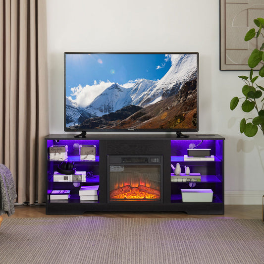 TV Stand Electric Fireplace TV Stand with Glass Shelves, 3D Fireplace TV Stand with LED Lights Wood with USB Charging Outlet Modern Television Table Center for TV up to 32-62" Black 58''W*15.5''D*24.4 himalipasal