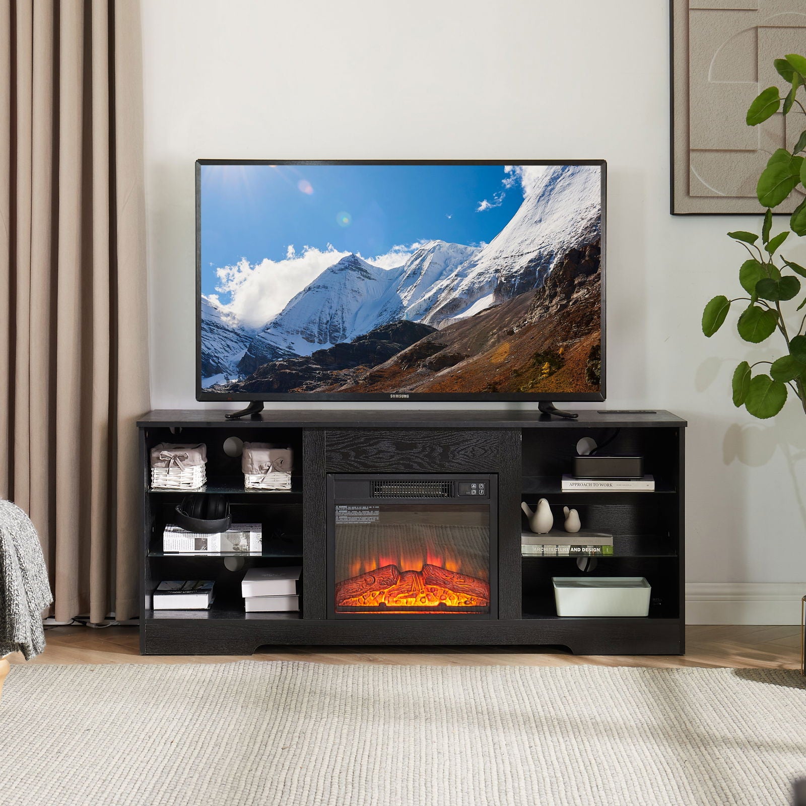 TV Stand Electric Fireplace TV Stand with Glass Shelves, 3D Fireplace TV Stand with LED Lights Wood with USB Charging Outlet Modern Television Table Center for TV up to 32-62" Black 58''W*15.5''D*24.4 himalipasal