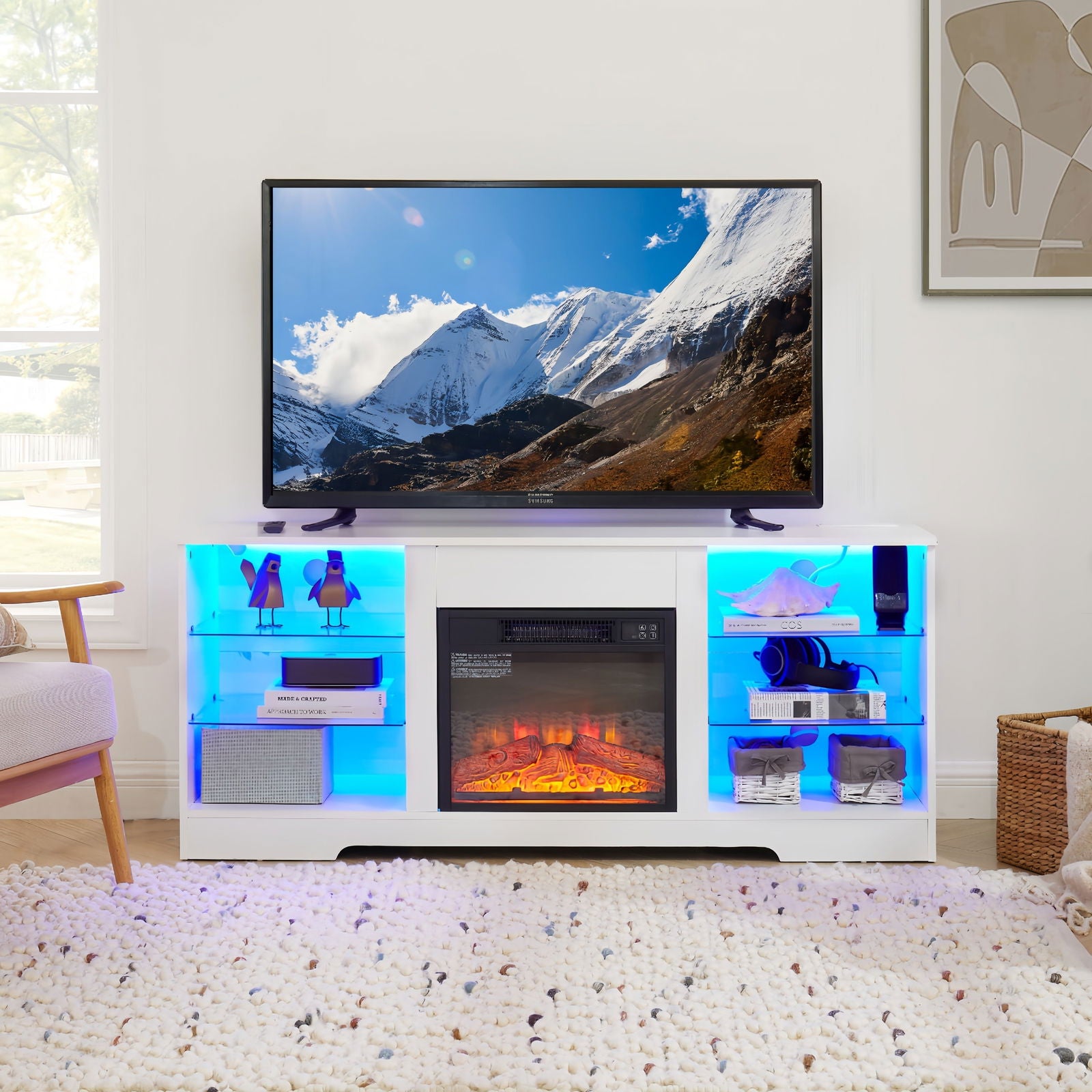 TV Stand Electric Fireplace TV Stand with Glass Shelves, 3D Fireplace TV Stand with LED Lights Wood with USB Charging Outlet Modern Television Table Center for TV up to 32-62" White 58''W*15.5''D*24.4 himalipasal