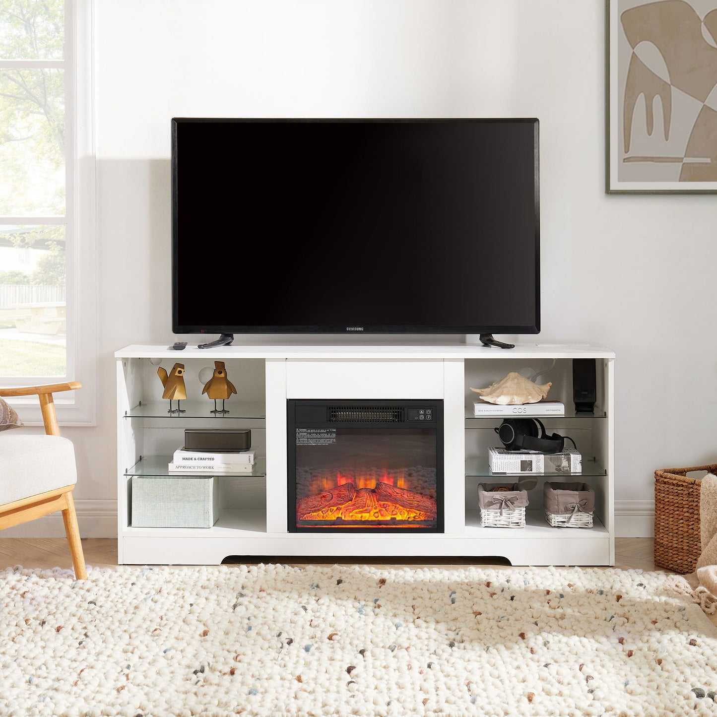 TV Stand Electric Fireplace TV Stand with Glass Shelves, 3D Fireplace TV Stand with LED Lights Wood with USB Charging Outlet Modern Television Table Center for TV up to 32-62" White 58''W*15.5''D*24.4 himalipasal