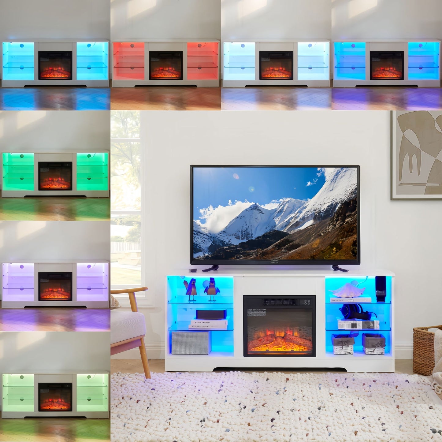 TV Stand Electric Fireplace TV Stand with Glass Shelves, 3D Fireplace TV Stand with LED Lights Wood with USB Charging Outlet Modern Television Table Center for TV up to 32-62" White 58''W*15.5''D*24.4 himalipasal