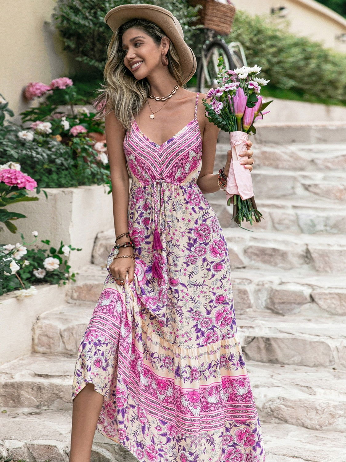 Tassel Printed V-Neck Maxi Dress himalipasal