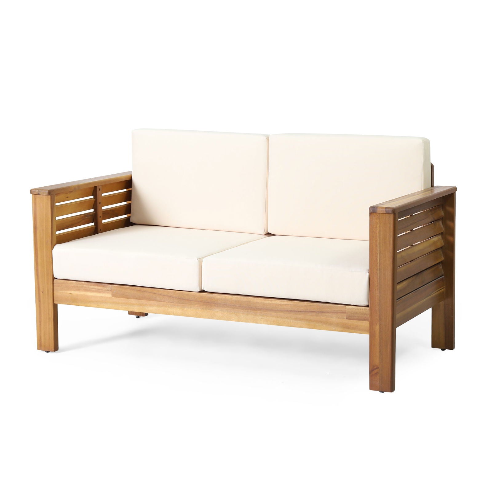 Teak Acacia Wood Loveseat and Coffee Table Set with Cream Cushions himalipasal