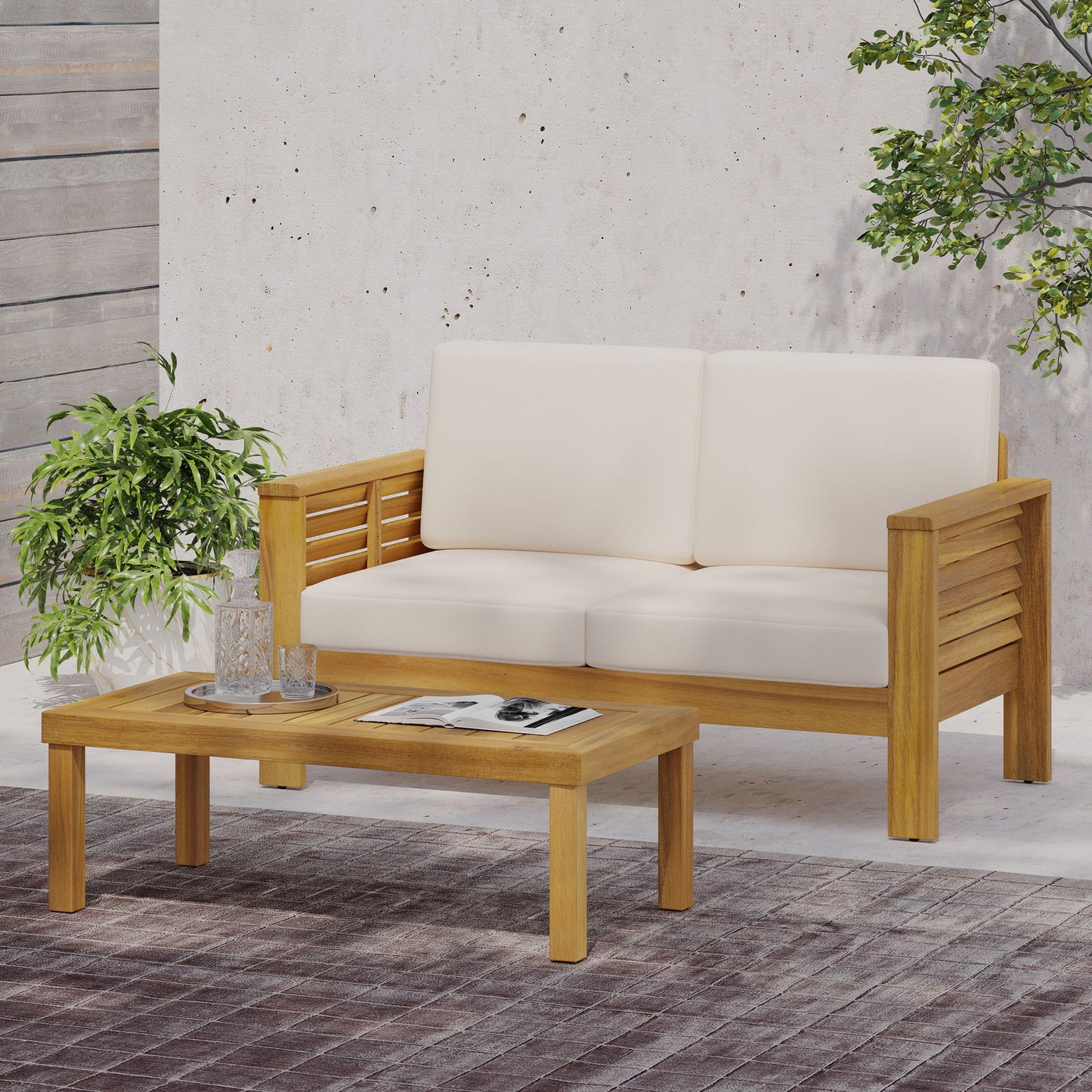 Teak Acacia Wood Loveseat and Coffee Table Set with Cream Cushions himalipasal