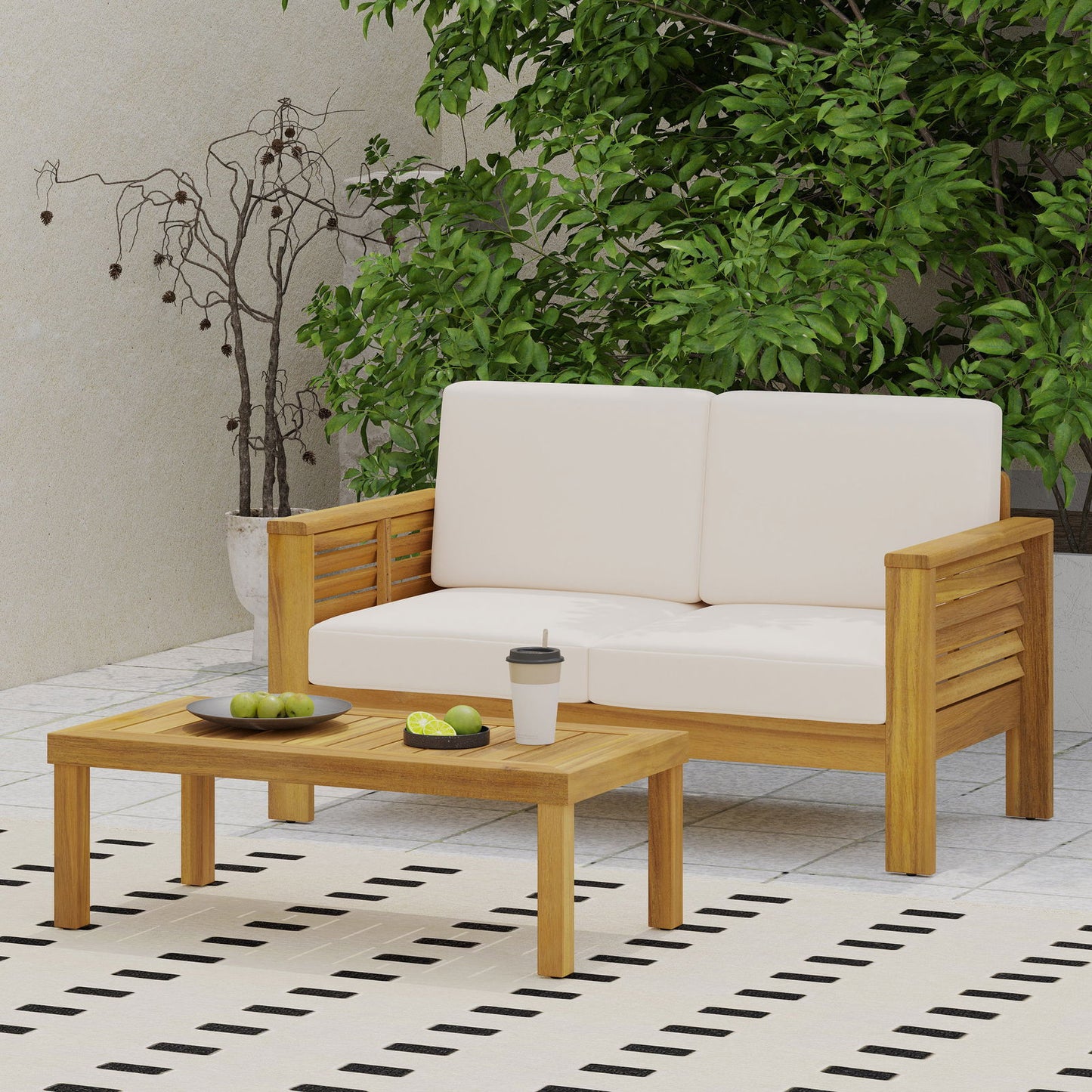 Teak Acacia Wood Loveseat and Coffee Table Set with Cream Cushions himalipasal