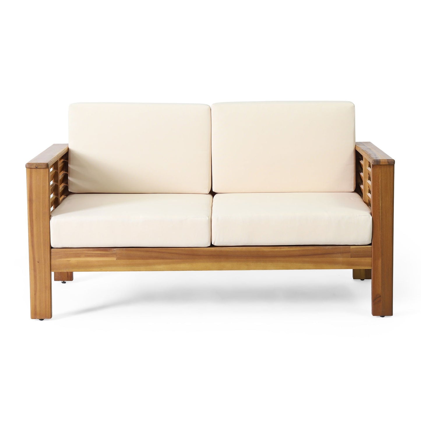 Teak Acacia Wood Loveseat and Coffee Table Set with Cream Cushions himalipasal