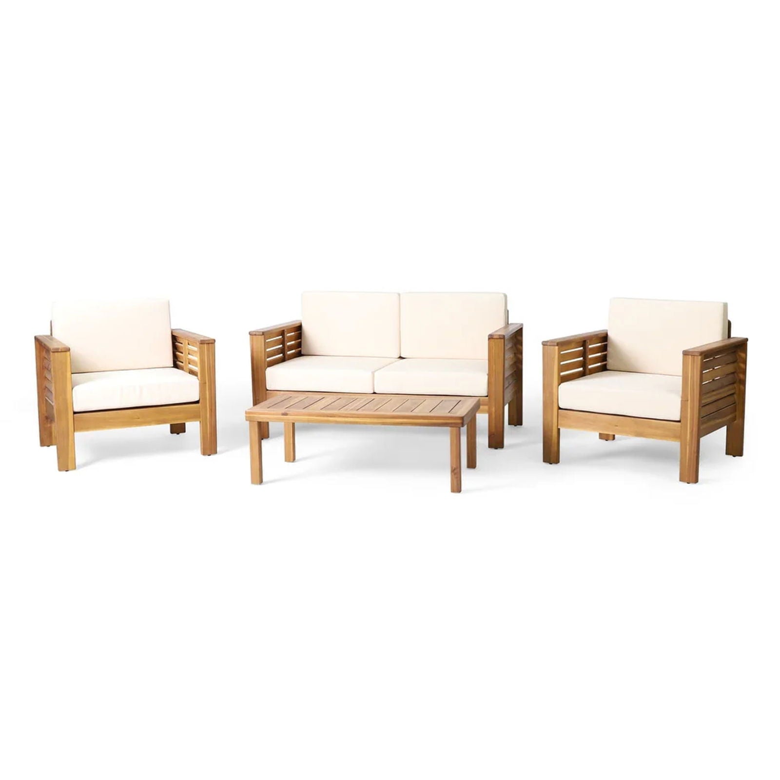 Teak Acacia Wood Loveseat and Coffee Table Set with Cream Cushions himalipasal