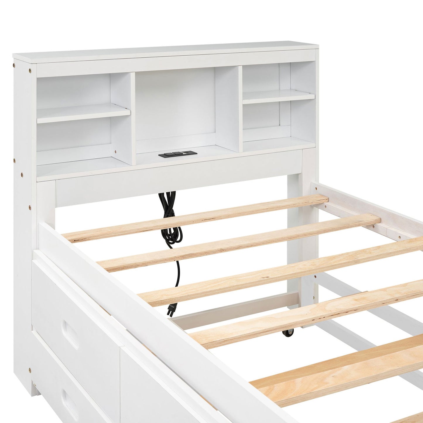 Twin Size Platform Bed with Storage Headboard, USB, Twin Size Trundle and 3 Drawers, White himalipasal