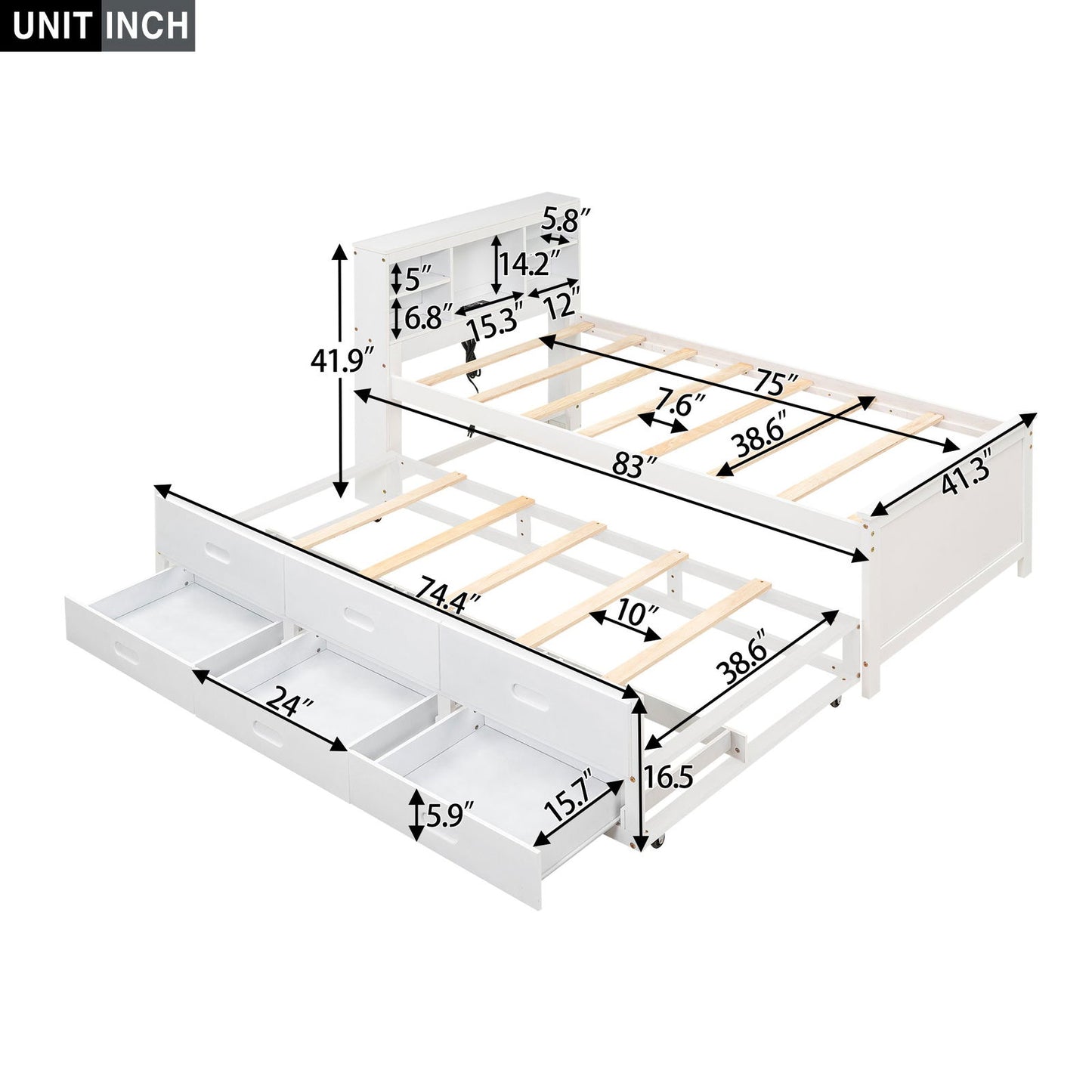 Twin Size Platform Bed with Storage Headboard, USB, Twin Size Trundle and 3 Drawers, White himalipasal