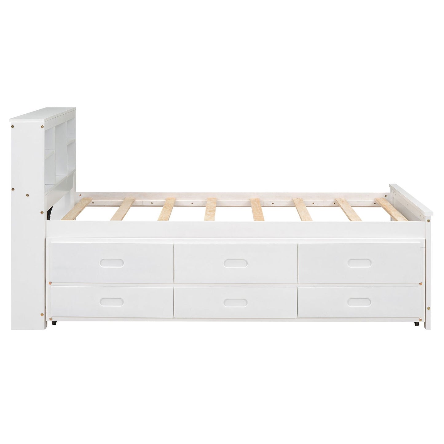 Twin Size Platform Bed with Storage Headboard, USB, Twin Size Trundle and 3 Drawers, White himalipasal