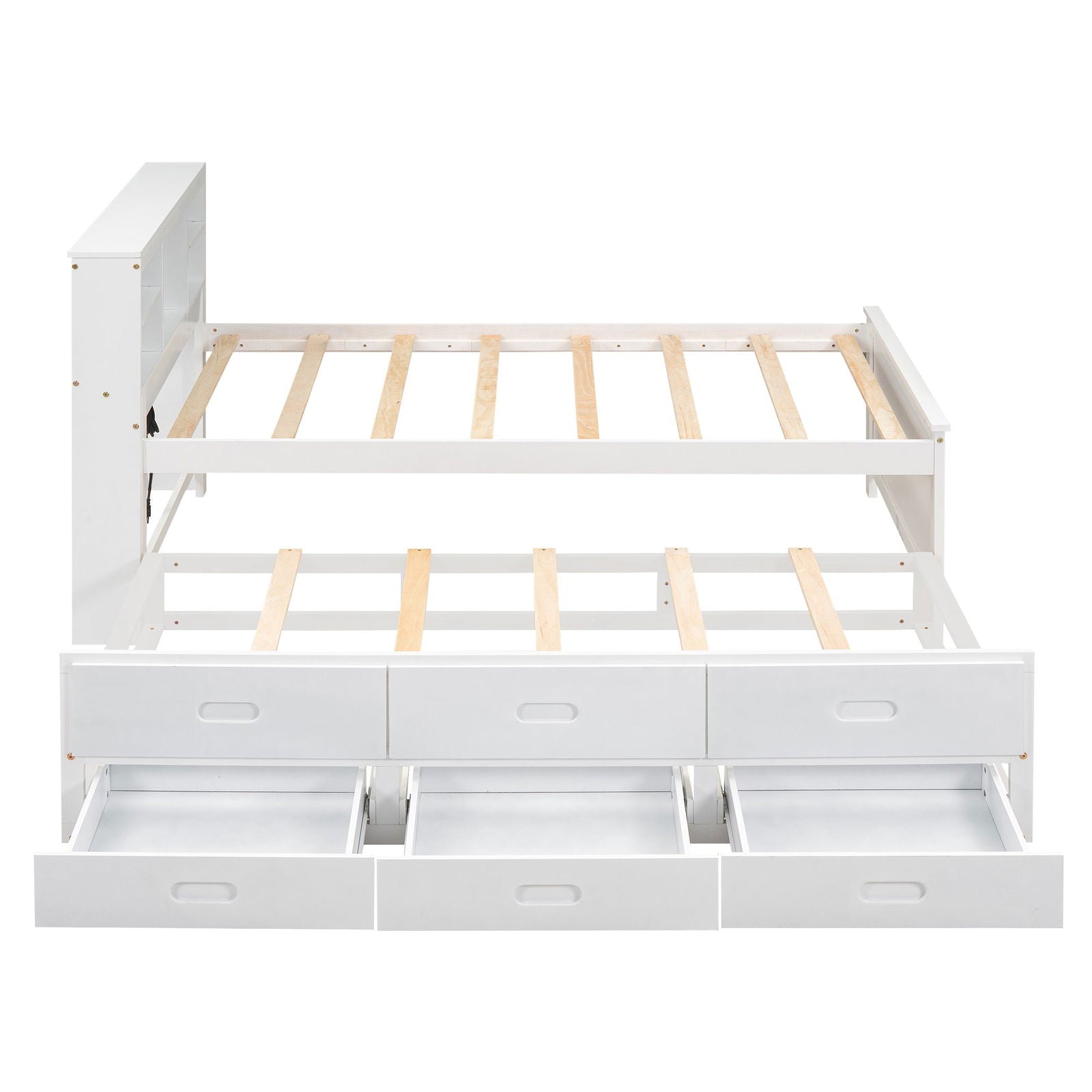 Twin Size Platform Bed with Storage Headboard, USB, Twin Size Trundle and 3 Drawers, White himalipasal